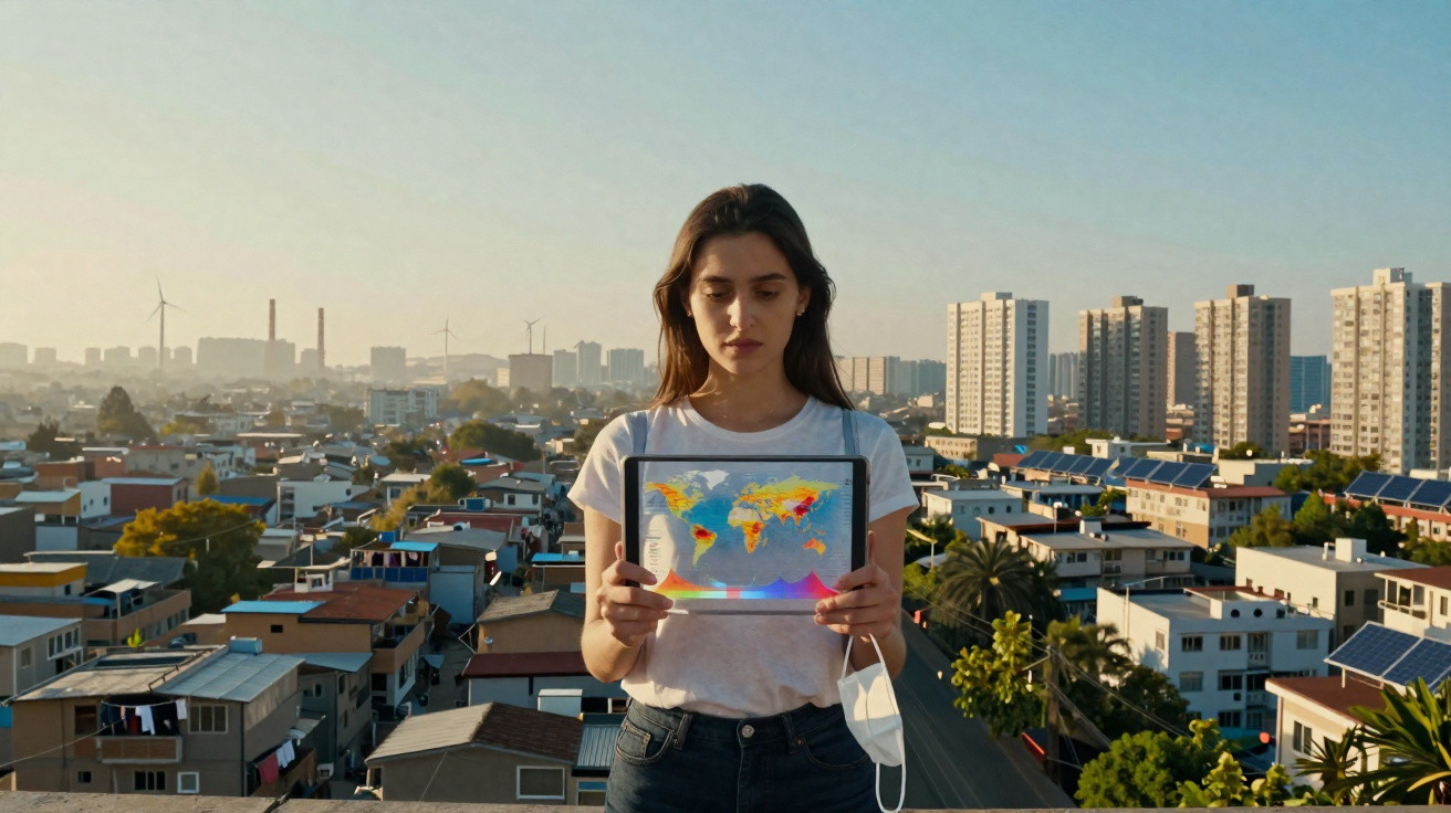 Mulher segura mapa mundial num tablet com máscara na mão, cenário urbano ao fundo ao pôr do sol.