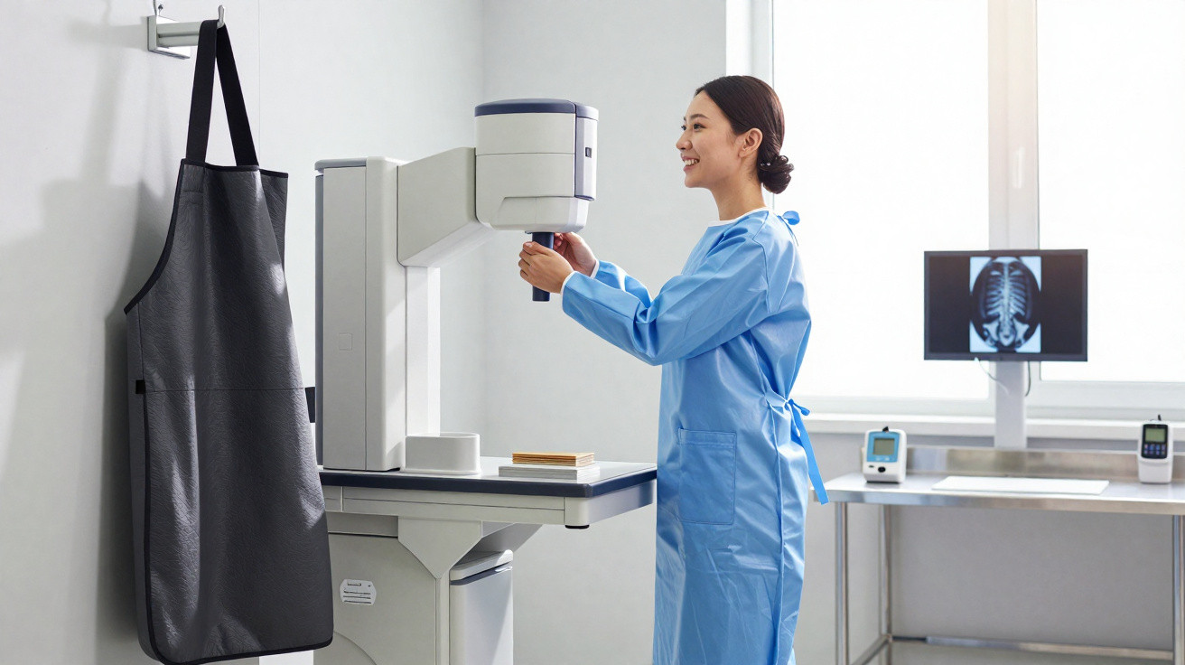 Técnica de radiologia a operar máquina de raios-X, com radiografia visível num monitor ao fundo.