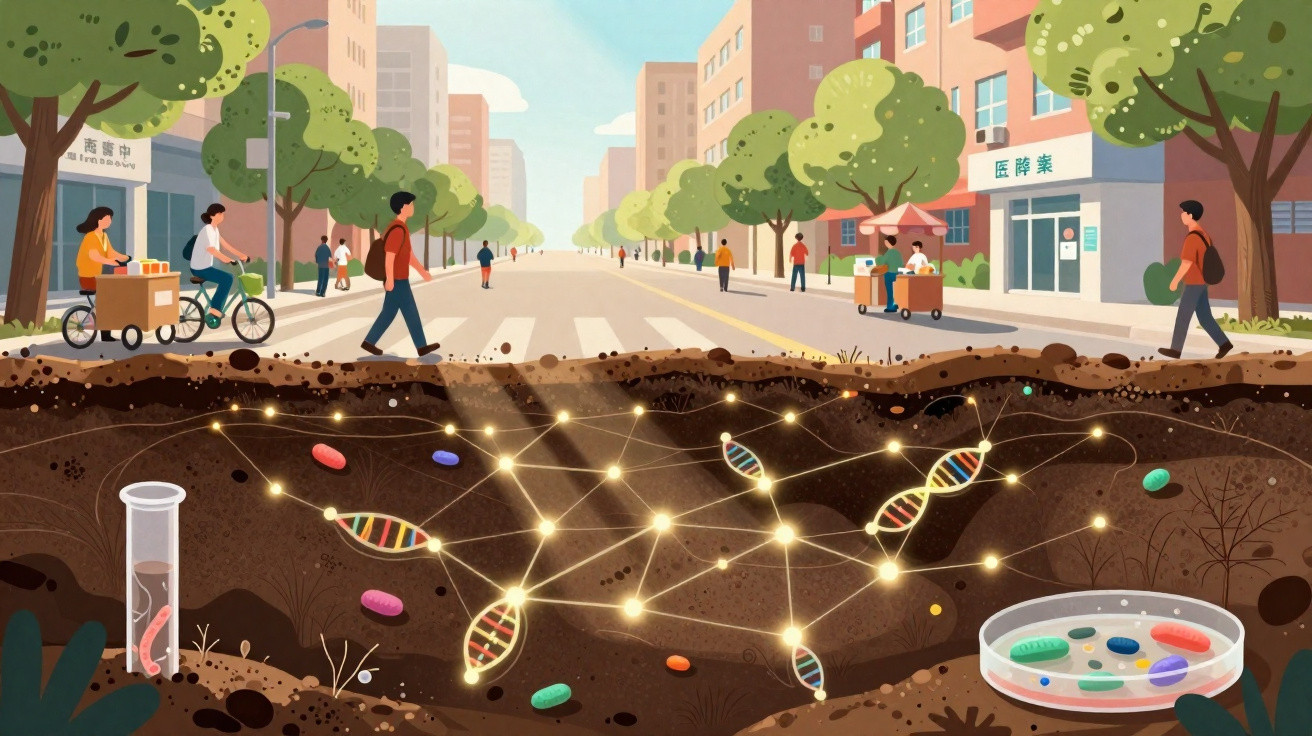 Ilustração de rua urbana com pessoas e árvores, mostrando estruturas de ADN e conexões no solo.