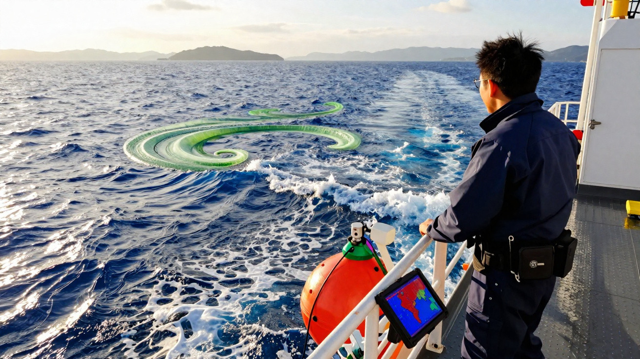 Homem em uniforme observa mar com marcações verdes em espiral feitas sobre água azul profunda vista de um barco.