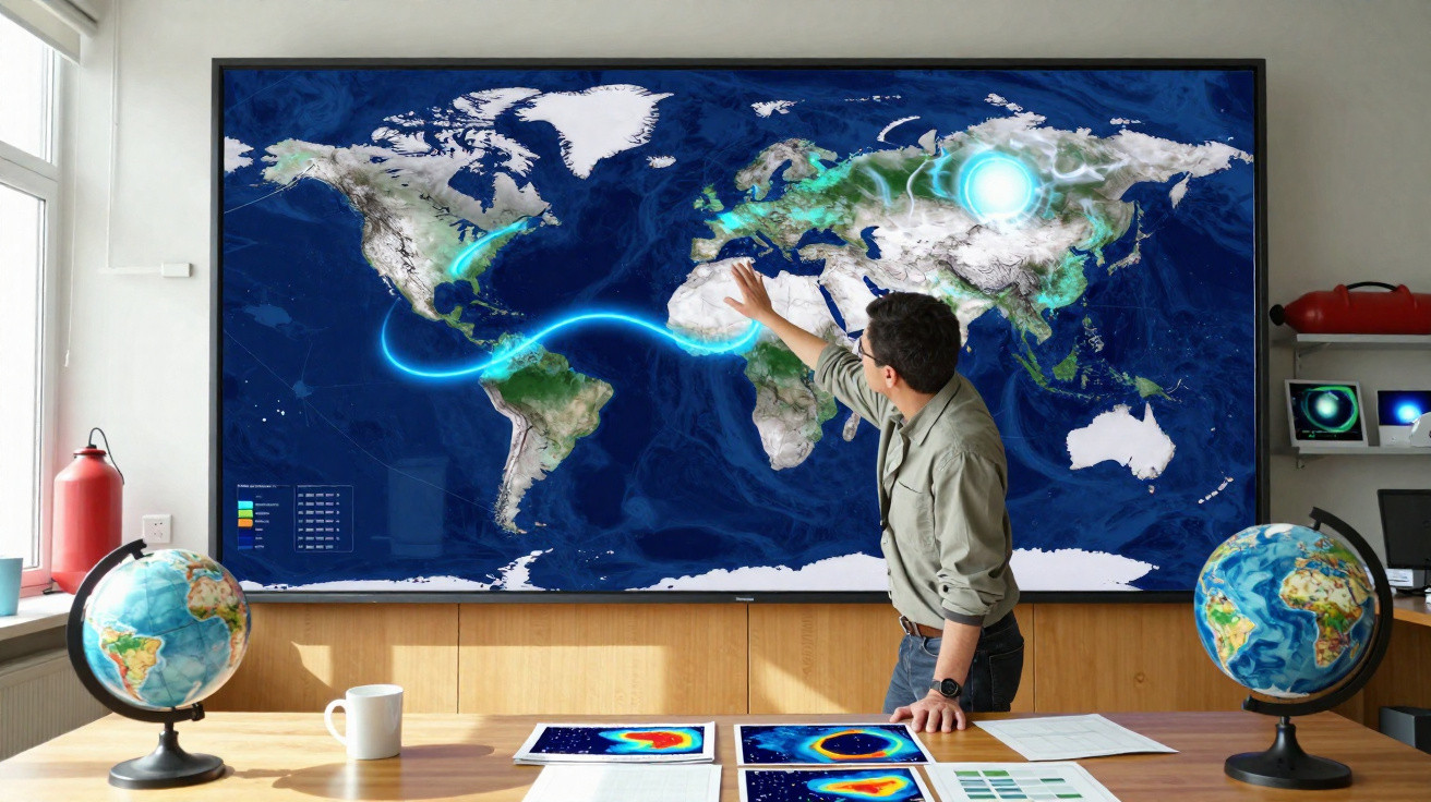 Homem aponta para um grande mapa mundi digital com trajetos luminosos numa sala iluminada com globos na mesa.