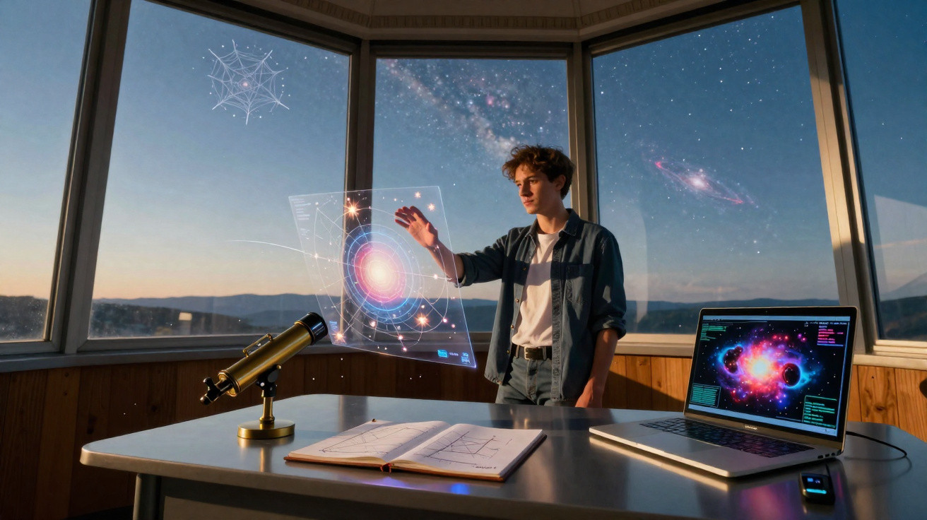 Jovem interage com holograma de galáxias numa sala panorâmica com laptop e telescópio ao pôr do sol.