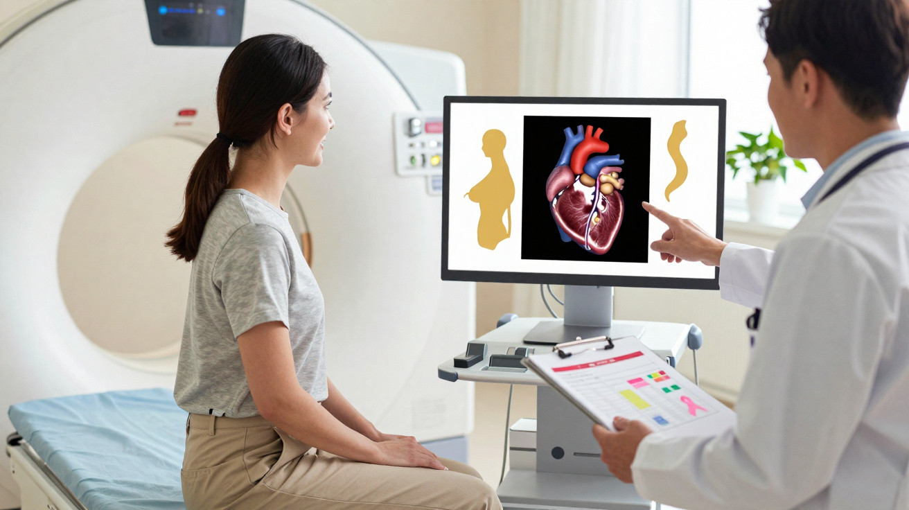 Paciente feminina sentado a consultar com médico imagem do coração e silhueta corporal no ecrã de computador.