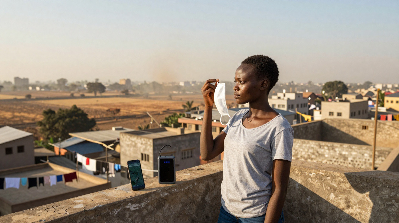 Mulher jovem segura máscara facial no ombro de um terraço com vista para habitações urbanas ao entardecer.