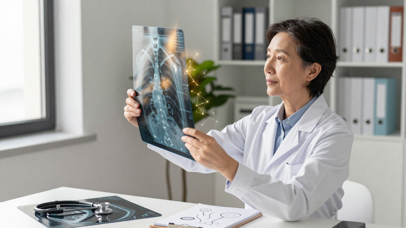 Médica a analisar um raio-x de tórax num consultório luminoso com equipamento médico e pastas ao fundo.