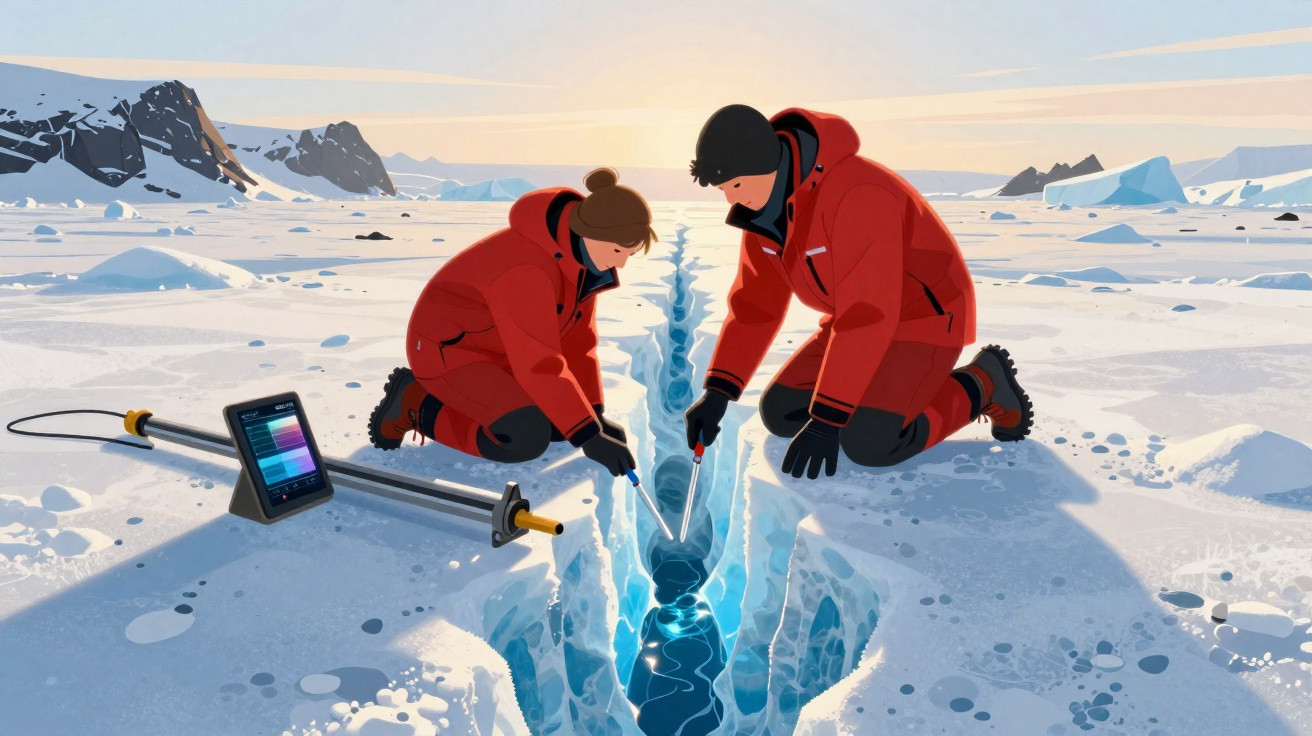 Dois cientistas em fatos vermelhos recolhem amostras num fenda de gelo na paisagem ártica gelada.