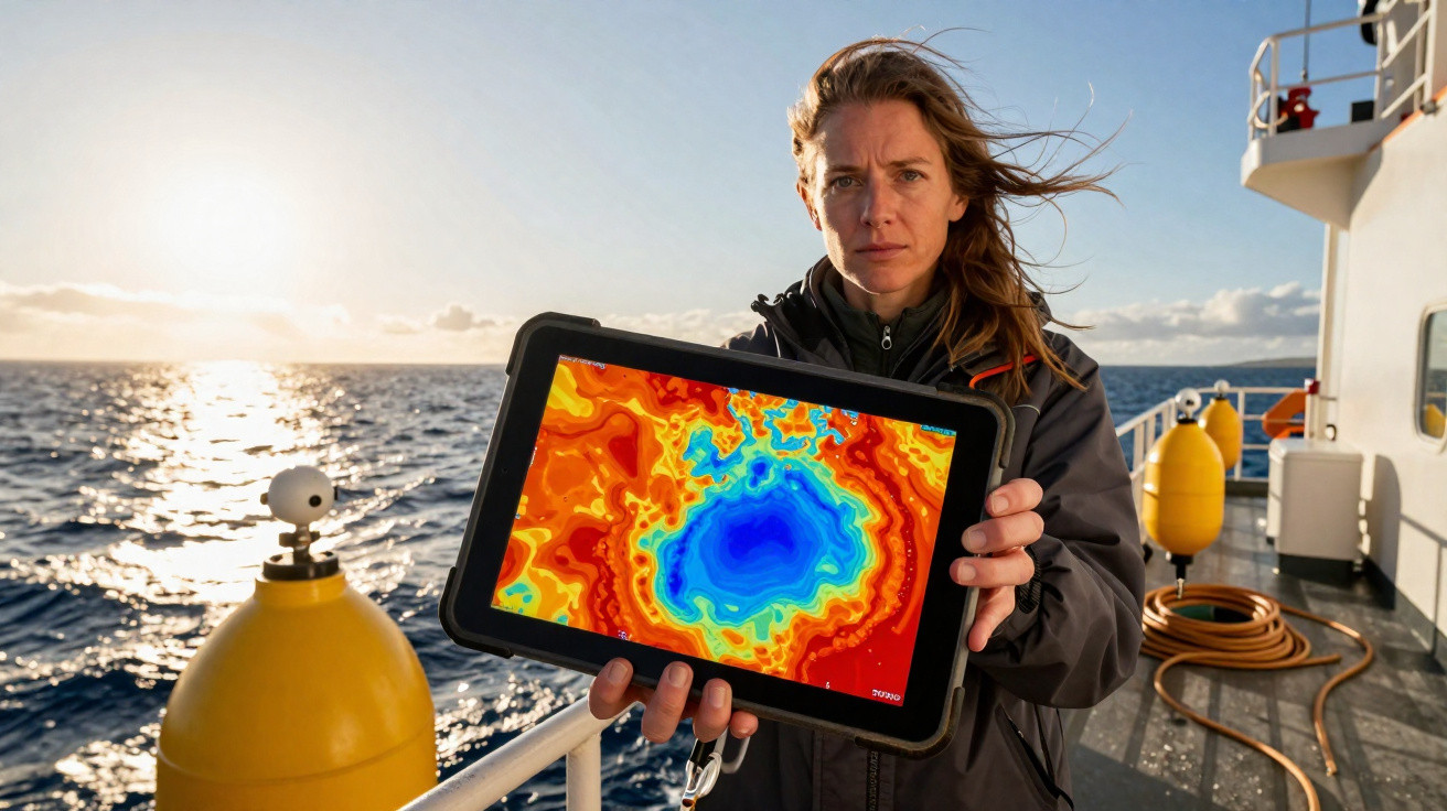 Mulher a bordo de navio com tablet a mostrar mapa térmico colorido do oceano ao pôr do sol.