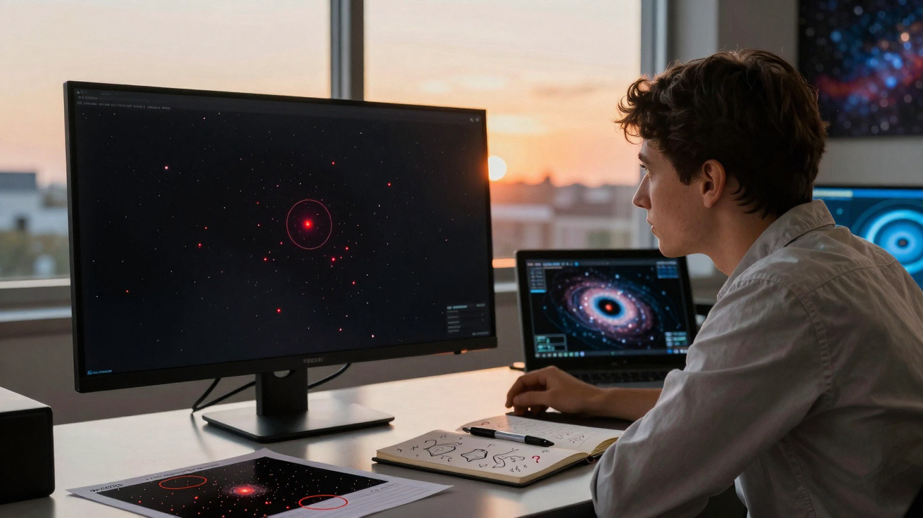 Jovem a analisar imagens de estrelas e galáxias num computador ao pôr do sol numa sala de trabalho.