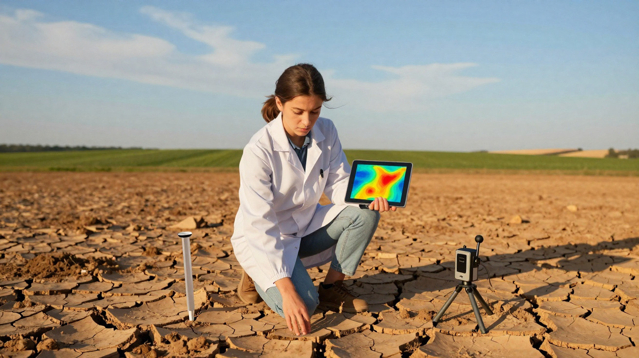 Cientista em campo seco estuda solo com tablet e equipamentos de análise ambiental e climática.