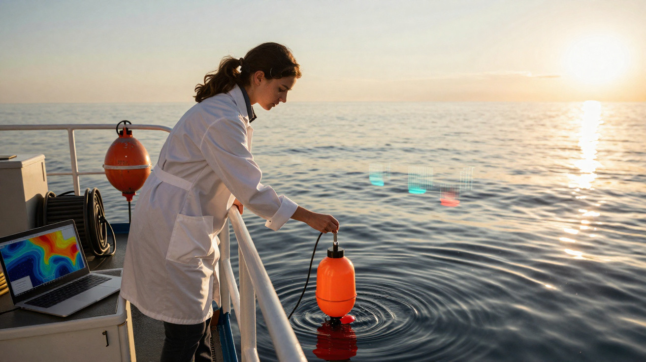 Mulher em bata branca recolhe amostra de água do mar ao pôr do sol, com computador portátil ao lado.