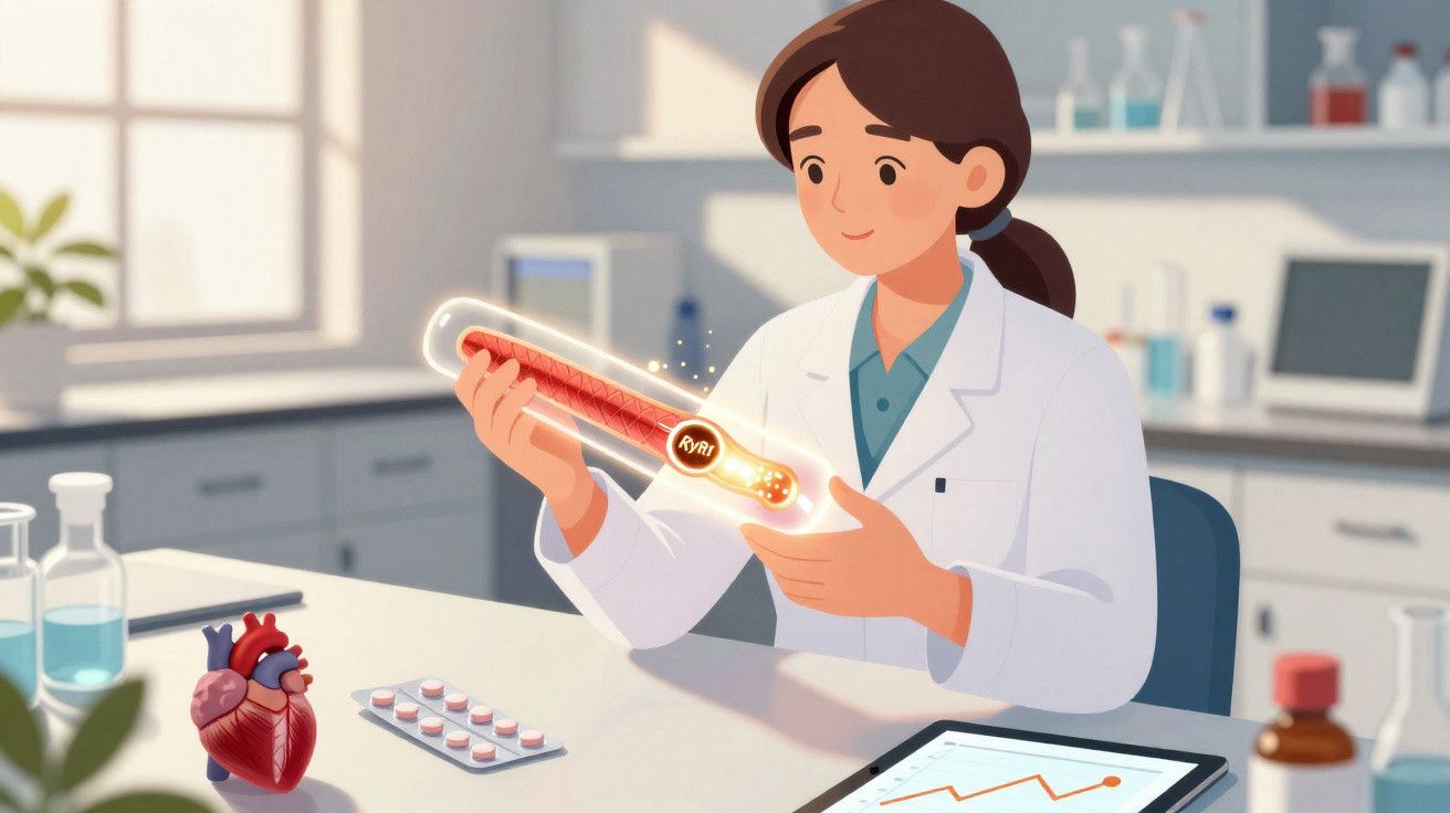 Cientista em laboratório a segurar tubo de ensaio iluminado com gráficos e modelos cardíacos na mesa.