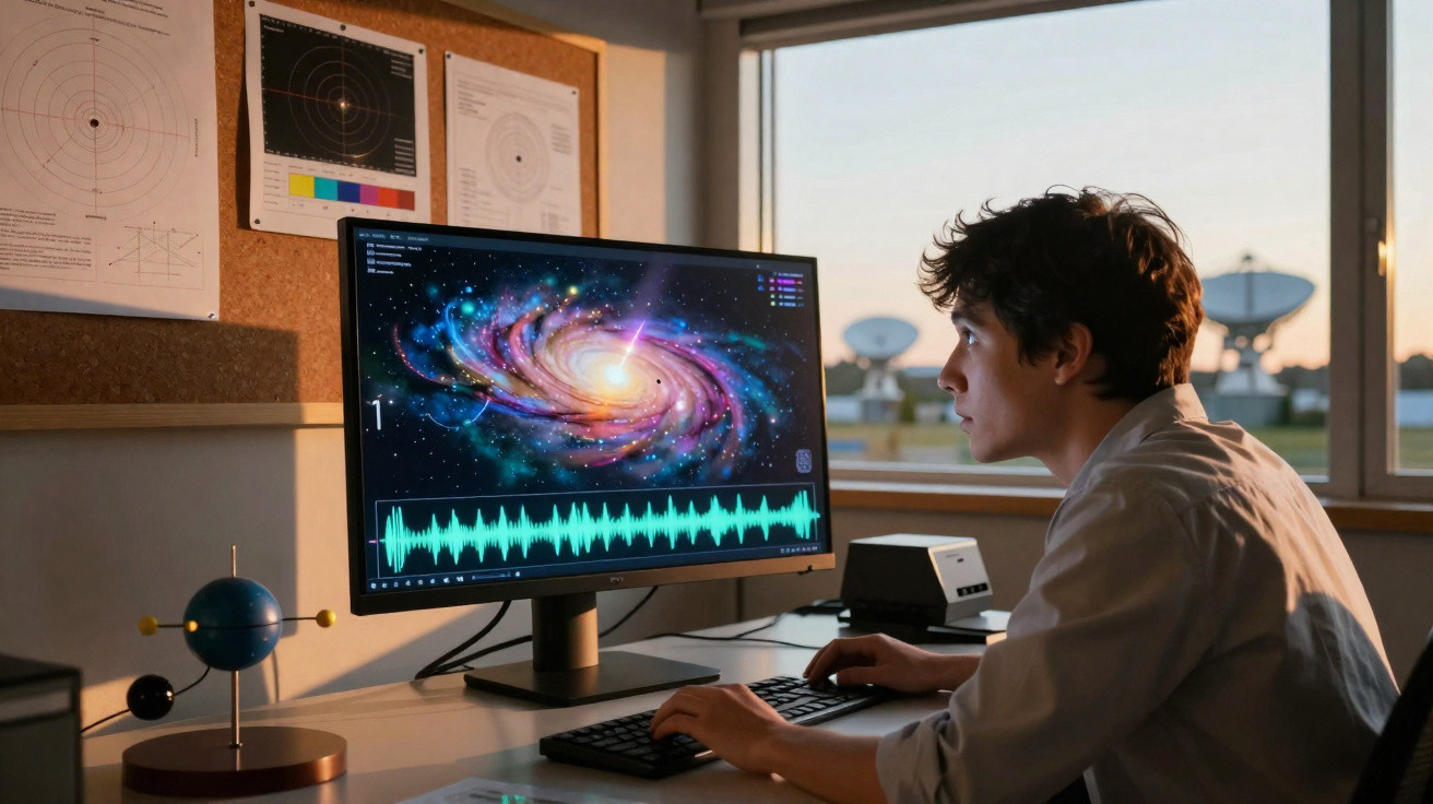 Jovem cientista analisa imagem de galáxia e dados astronómicos num ecrã de computador num laboratório.