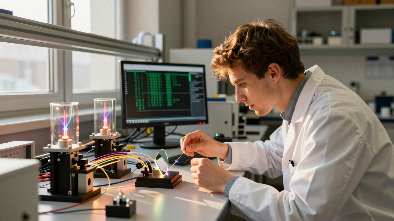 Homem em bata branca a trabalhar com equipamento de laboratório e computador numa mesa iluminada.