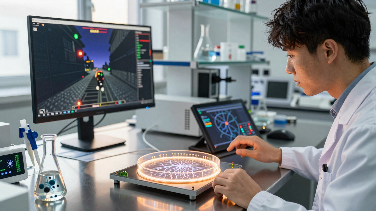 Cientista em laboratório a realizar experimento com equipamento tecnológico e ecrãs digitais.