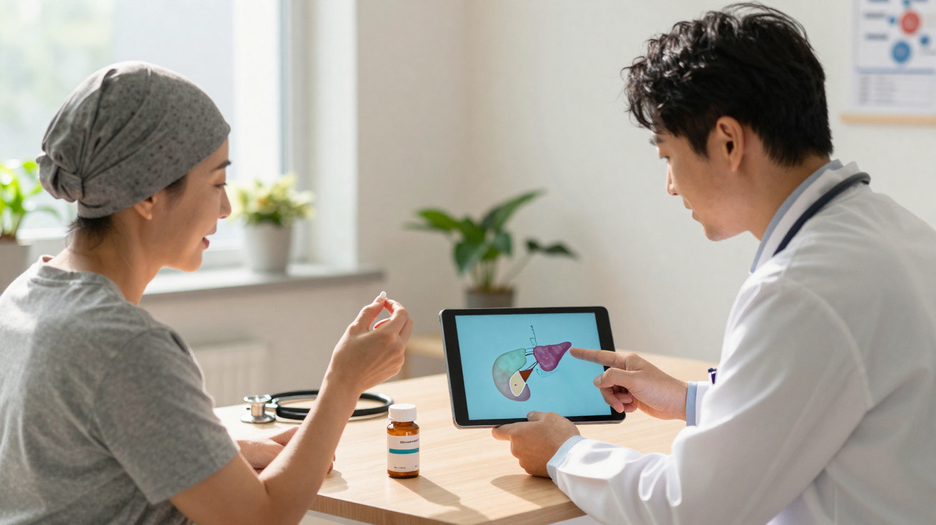 Médico a explicar a uma paciente a imagem digital do fígado num tablet durante consulta médica.