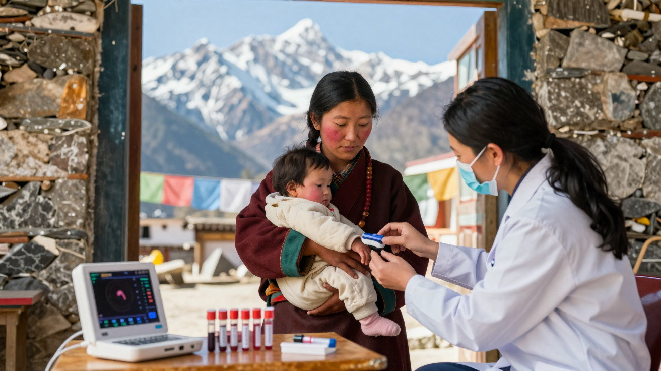Médica examina bebé segurado por mãe num ambiente rural com montanhas nevadas ao fundo.