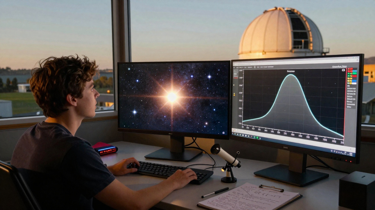Jovem a analisar imagens de estrelas e gráficos astronómicos em dois ecrãs, com telescópio e notas na secretária.
