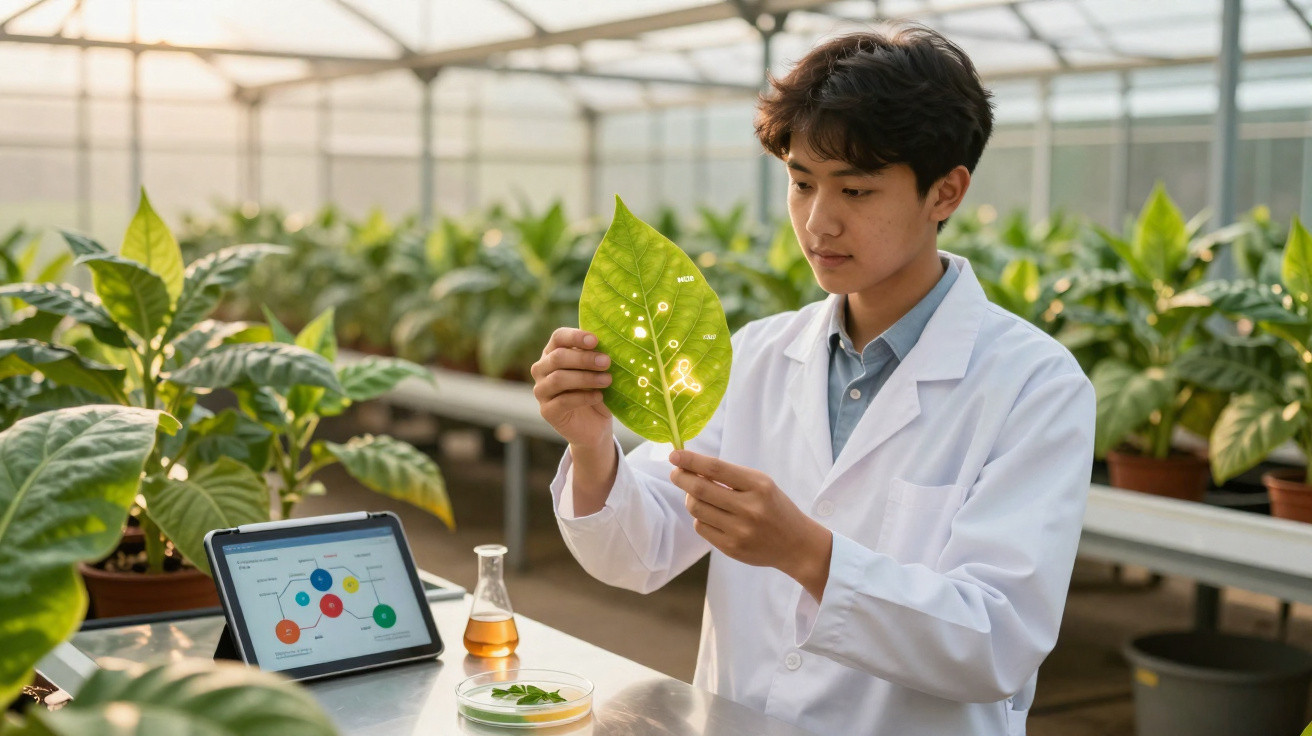 Cientista em bata branca analisa folha com dados digitais numa estufa cheia de plantas.