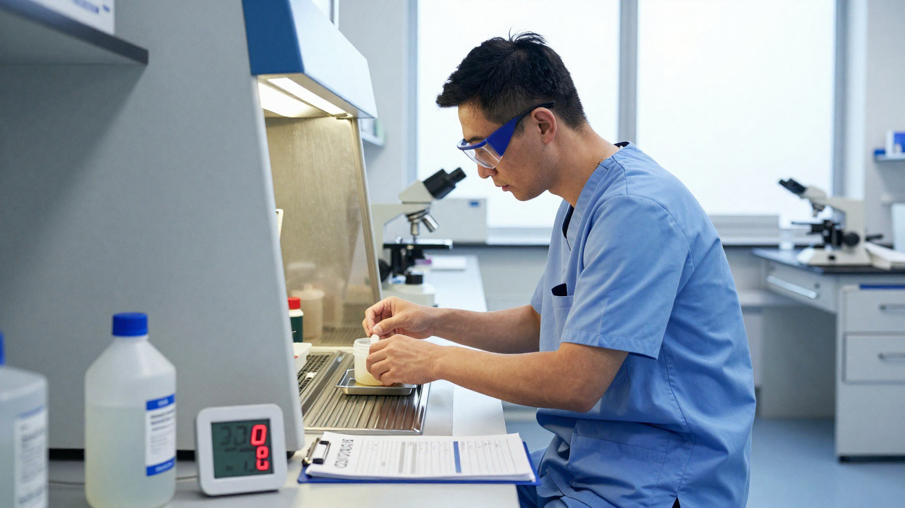 Cientista em bata azul e óculos de proteção trabalha com amostras em laboratório moderno e equipado.