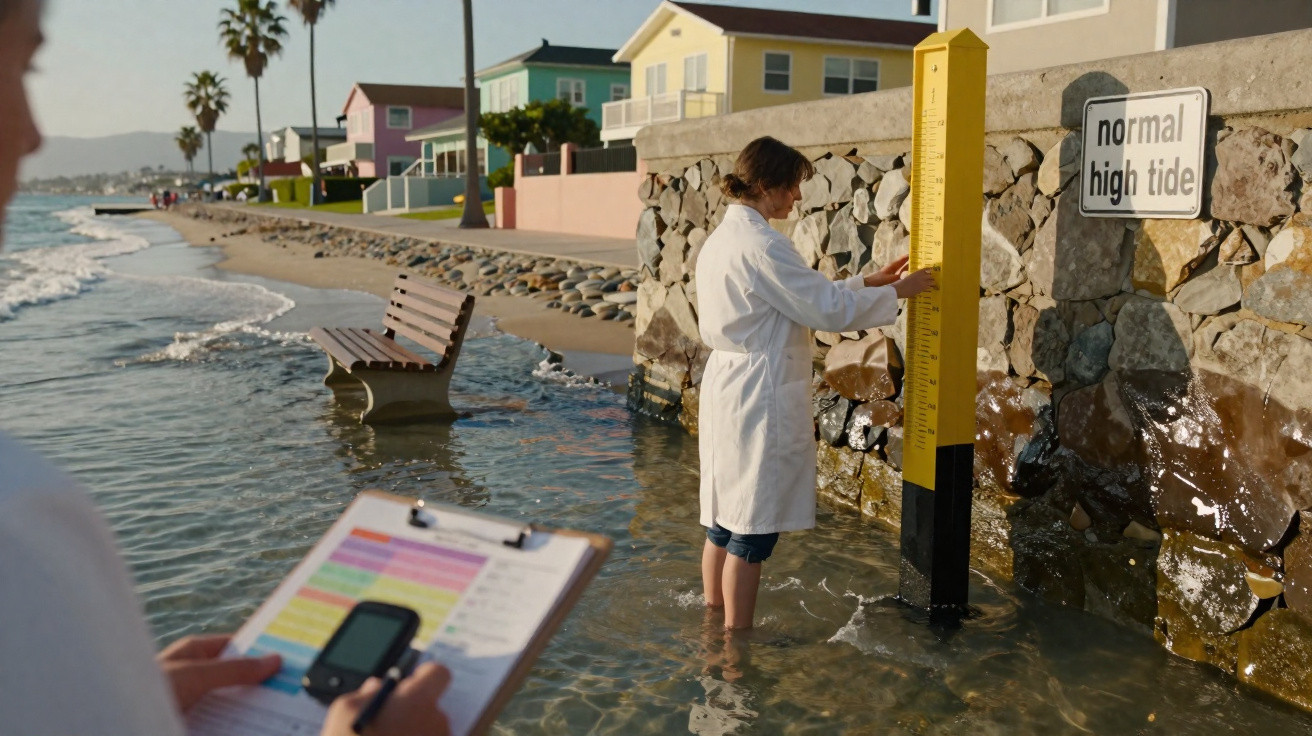 Pessoa com bata branca mede o nível da maré alta numa régua perto da praia com casas coloridas ao fundo.