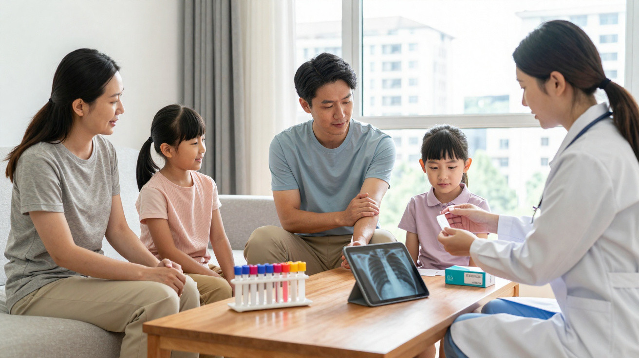 Família asiática consulta médica com pediatra que explica exames diante de uma mesa com tubos de ensaio e equipamento digital