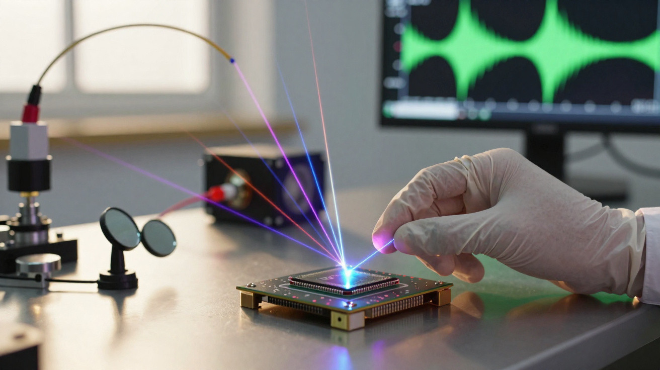 Mão com luva a manipular chip tecnológico com lasers coloridos num laboratório moderno.