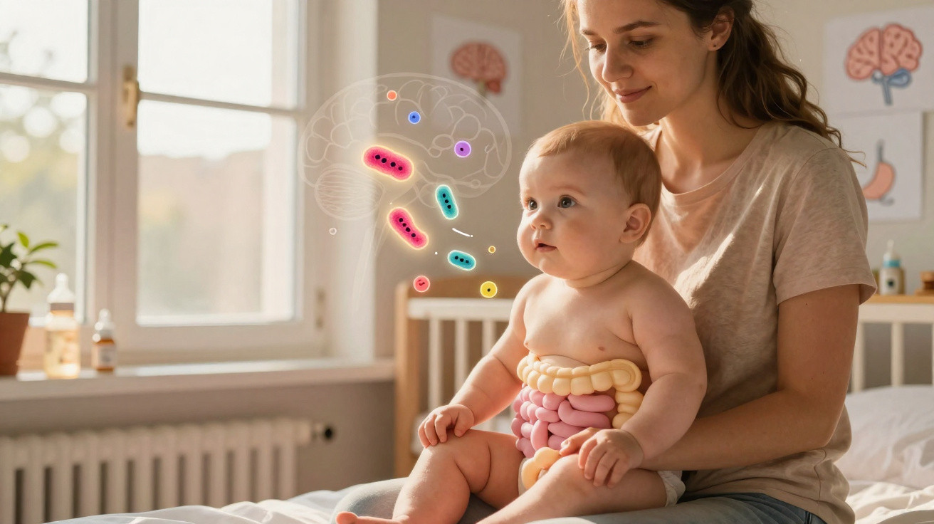 Bebé com ilustração dos intestinos e bactérias, sentado ao colo da mãe num quarto iluminado.