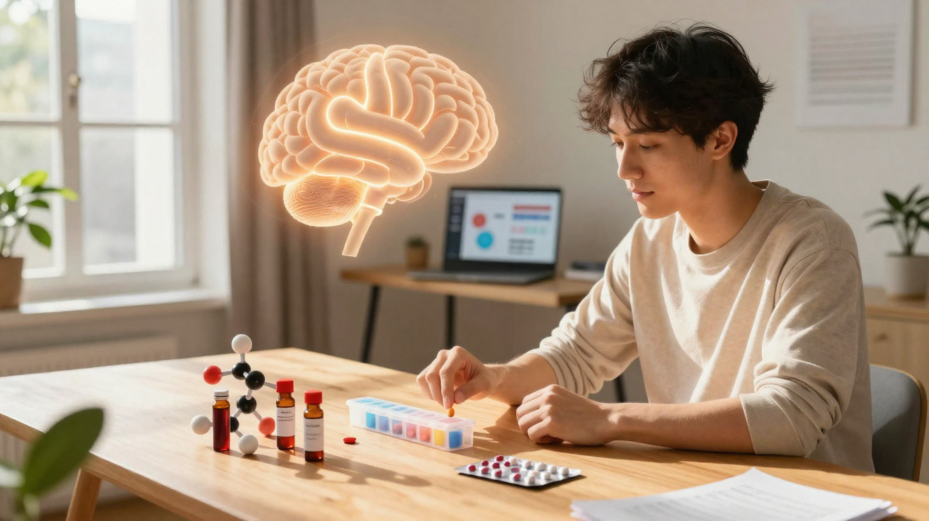Jovem a organizar medicação numa caixa semanal com modelo de cérebro e moléculas numa mesa.