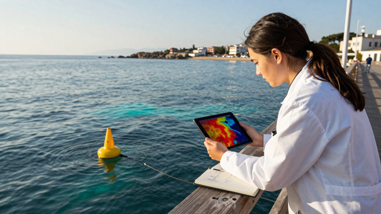 Mulher em bata branca analisa dados num tablet junto ao mar, perto de bóia amarela, com caderno aberto.