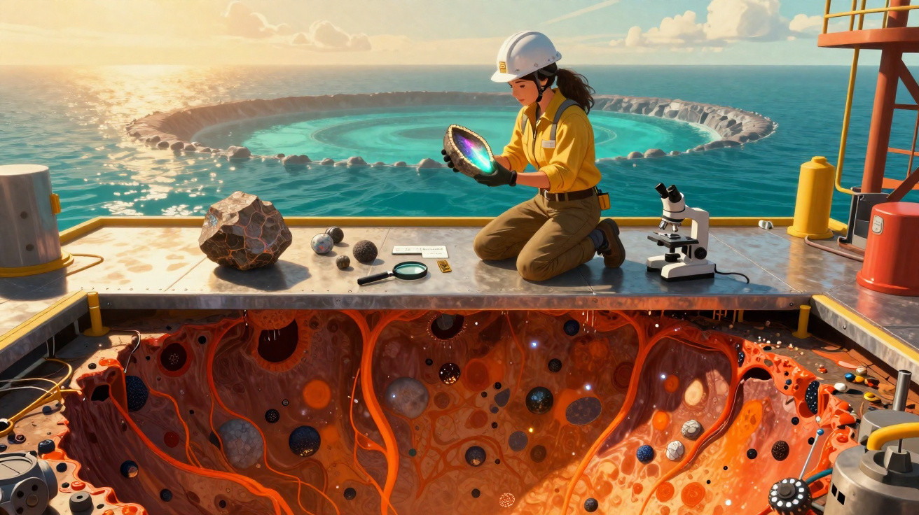 Mulher com capacete estuda objeto brilhante numa plataforma sobre um buraco com padrões cósmicos, junto ao mar.