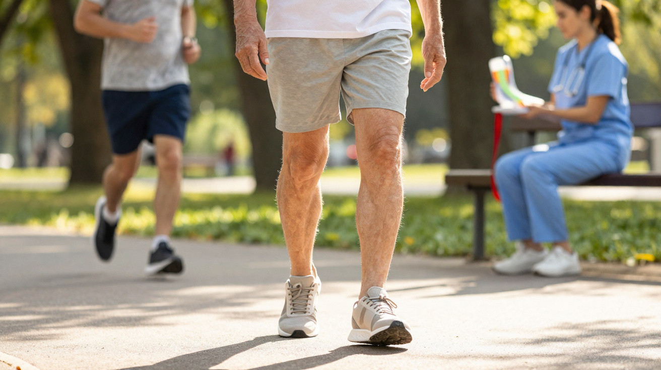 Mulher médica sentada e duas pessoas a fazerem exercício num parque com árvores ao fundo.
