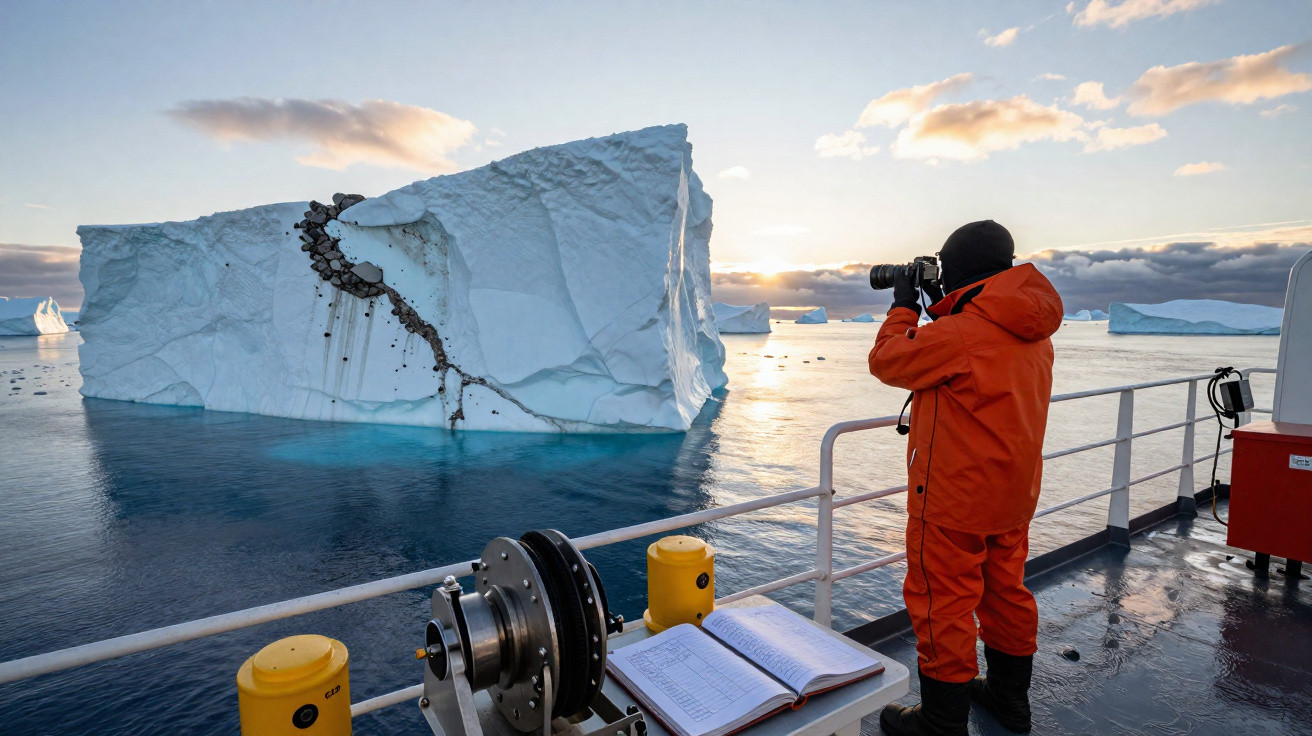 Fotógrafo em roupa térmica laranja numa embarcação a fotografar icebergue branco com manchas escuras no mar calmo.