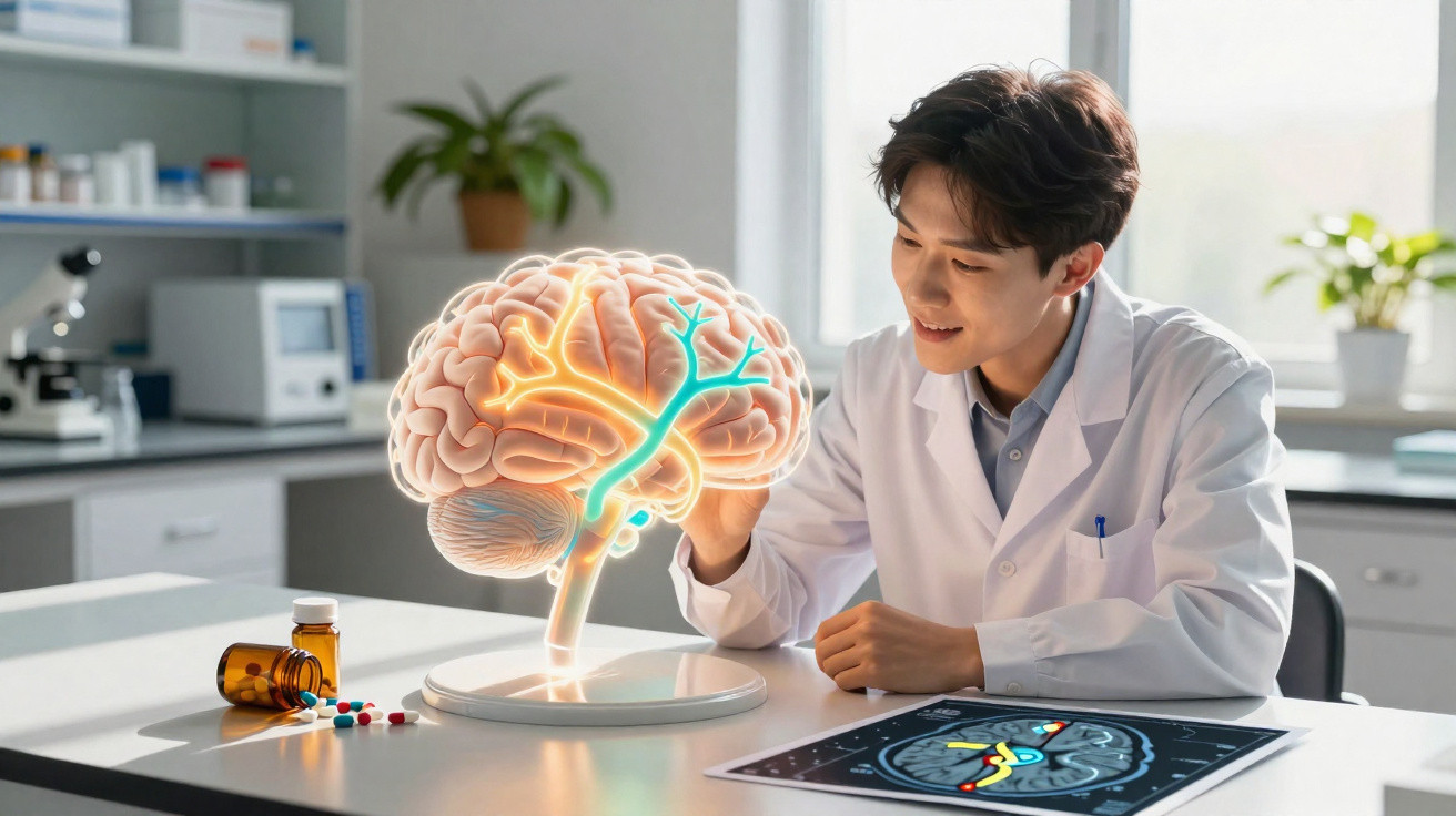 Cientista com bata branca observa modelo holográfico do cérebro humano numa mesa de laboratório.