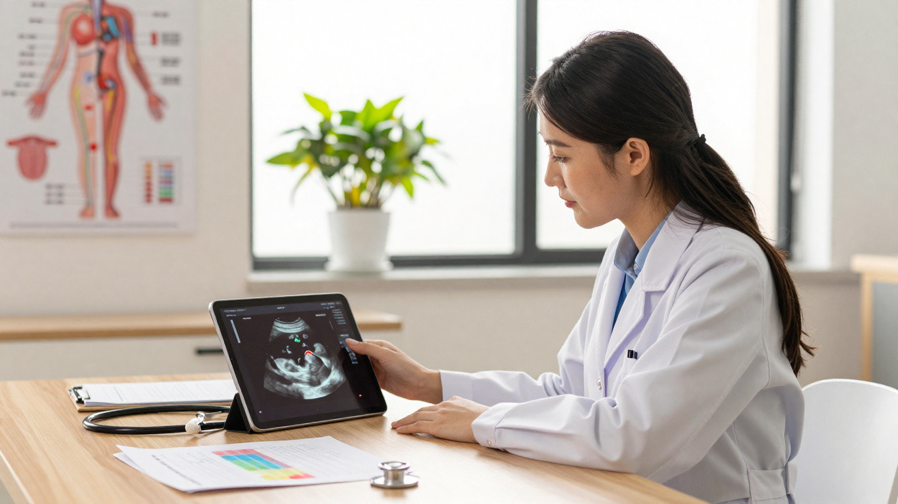 Médica a analisar ecografia de bebé num tablet numa sala de consultas com equipamento médico.