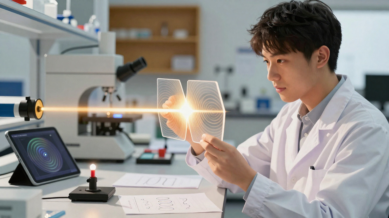 Cientista jovem em laboratório a analisar luz através de lentes de laser com equipamento tecnológico.