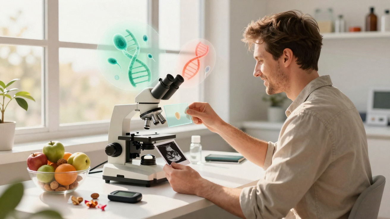 Homem em laboratório observa amostra no microscópio com representações digitais de ADN ao fundo.