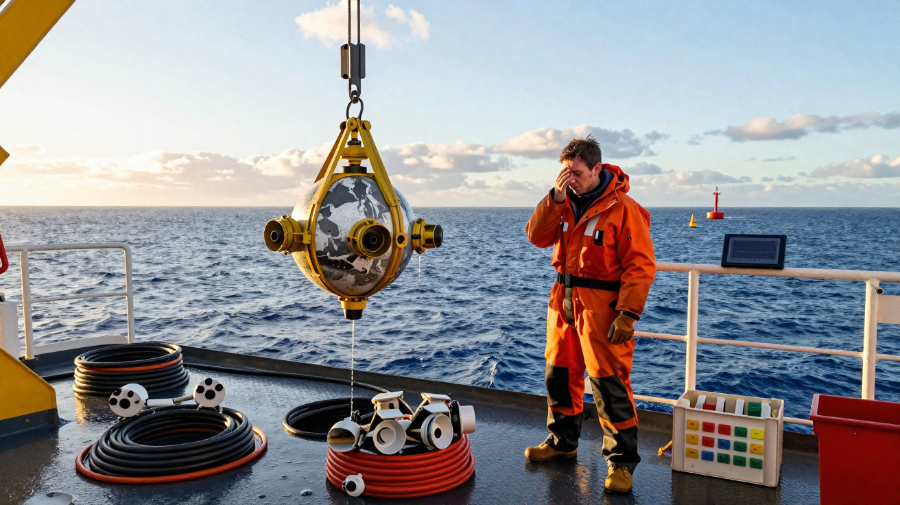Homem em fato laranja observa equipamento esférico tecnológico suspenso no convés de um barco no mar.