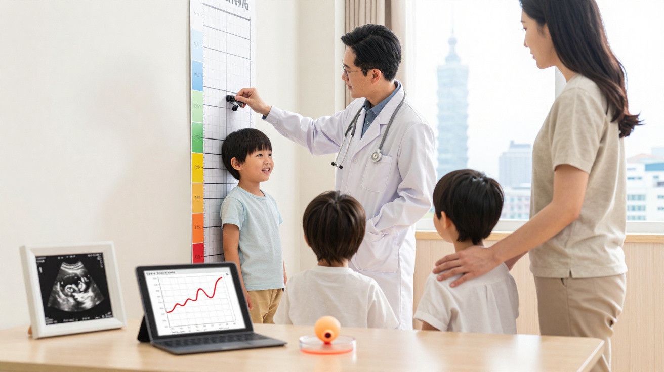 Médico a medir a altura de uma criança, com outros dois meninos e uma mulher a observar numa consulta.