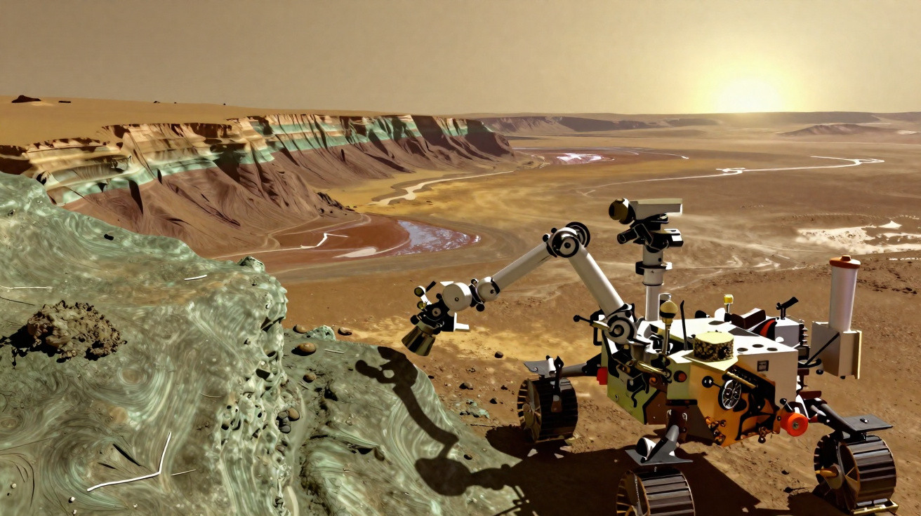 Rover explorando a superfície rochosa de Marte, com desfiladeiros e planícies ao fundo sob céu claro.