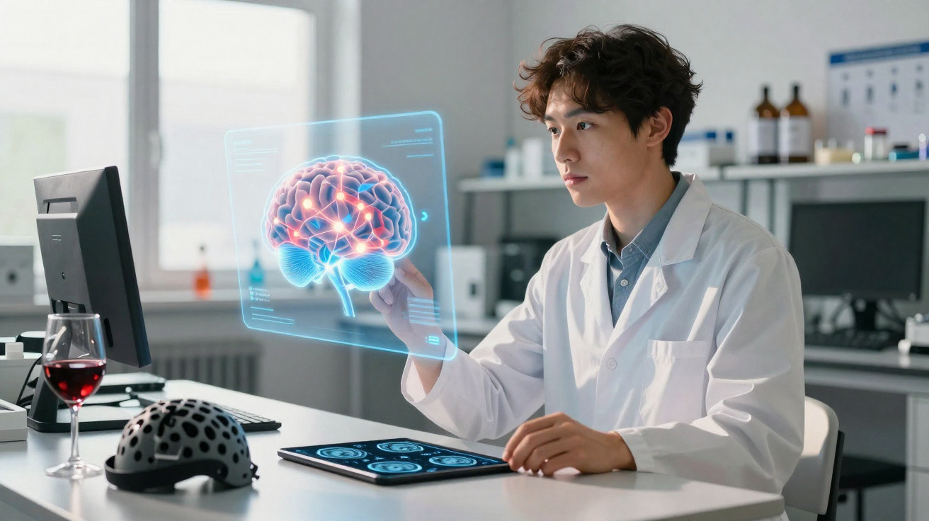 Cientista em laboratório a analisar imagem digital de cérebro em holograma com tablet e computador à frente.
