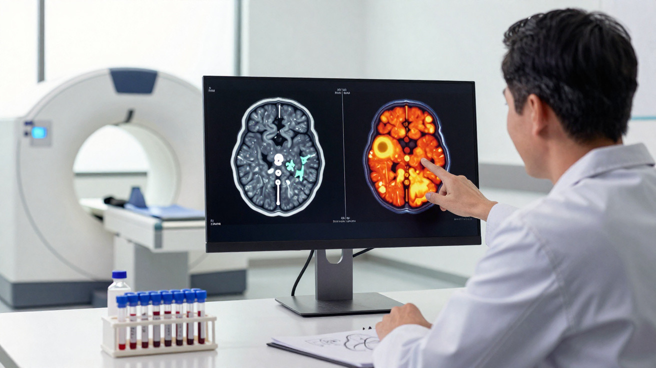 Médico analisa imagens de ressonância magnética do cérebro em ecrã, ao lado de aparelho de tomografia e tubos de ensaio.