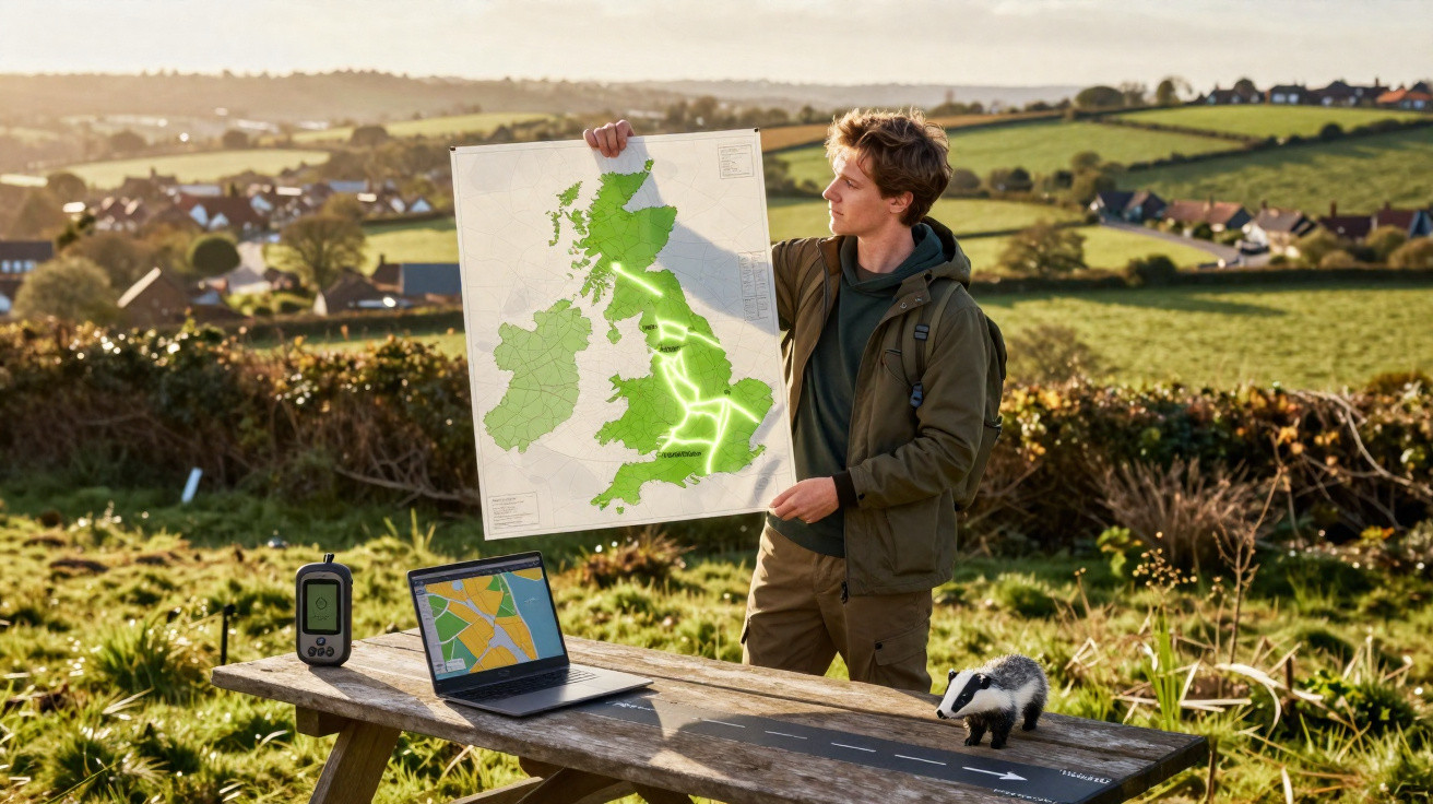 Homem ao ar livre segura mapa do Reino Unido com laptop e modelo de texugo numa mesa de piquenique.