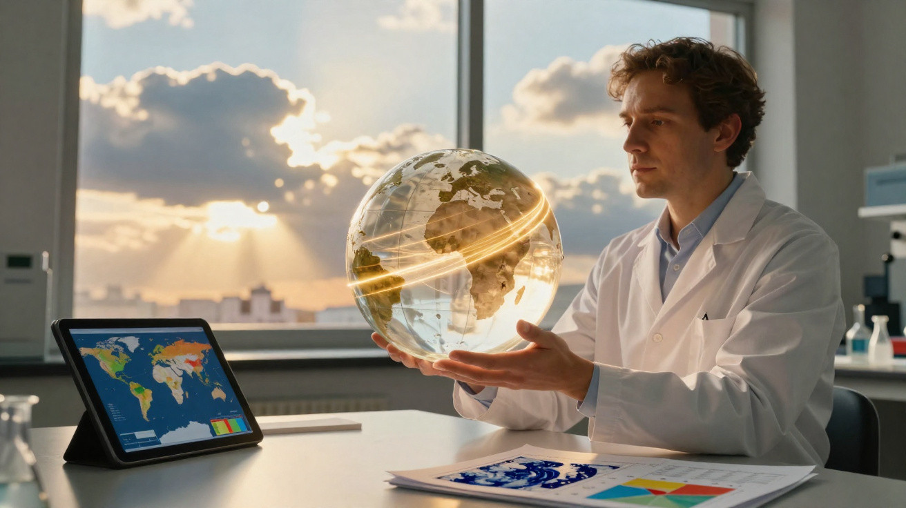 Homem de bata branca segurando globo terrestre transparente com efeitos digitais num laboratório.