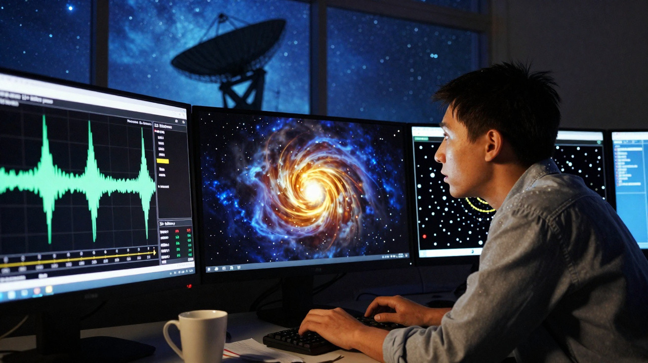 Pessoa a analisar dados espaciais em múltiplos ecrãs com imagens do universo e sinais gráficos, noite, antena parabólica ao f