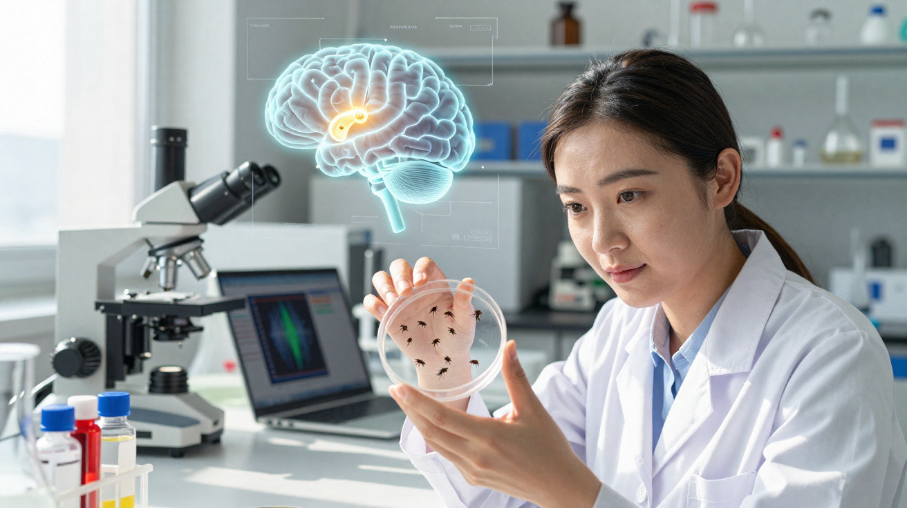 Cientista a analisar amostras num laboratório com imagem digital do cérebro humano em destaque.