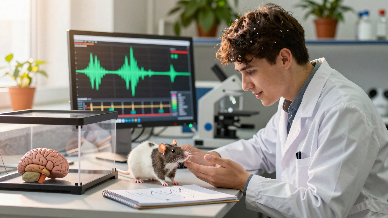 Cientista observa rato numa mesa com modelo de cérebro, computador e caderno em laboratório.