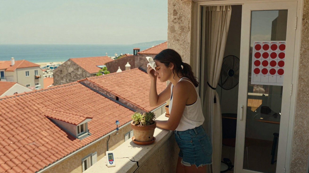 Mulher apoia-se numa varanda a limpar suor da testa, com vista para telhados vermelhos e o mar ao fundo.