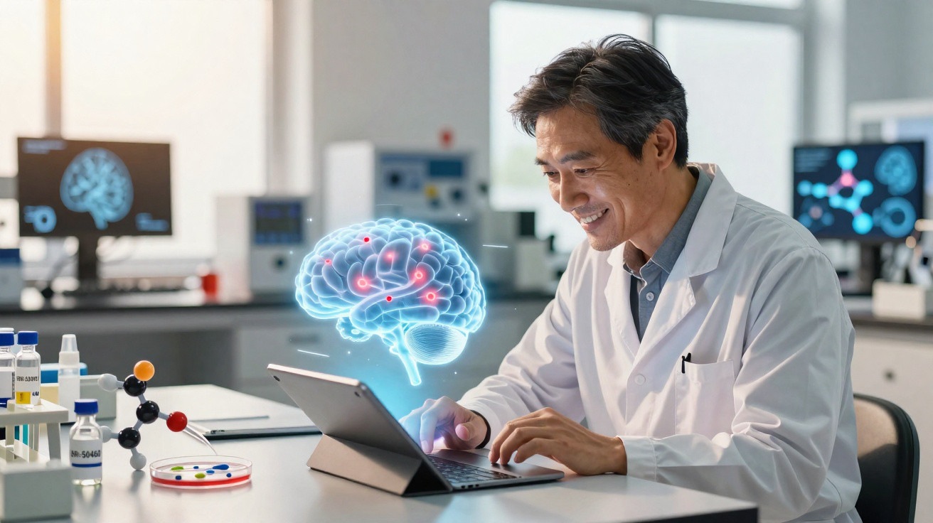 Cientista sorridente em laboratório a analisar cérebro digital interativo num tablet.