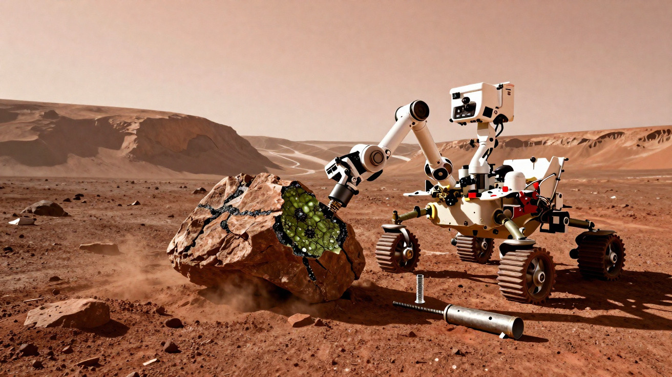 Rover espacial a examinar uma rocha com minerais verdes numa paisagem marciana árida.