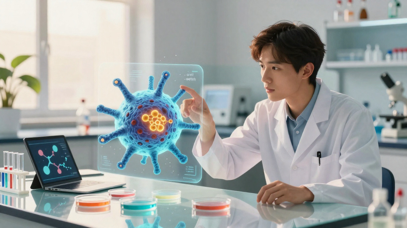 Cientista em laboratório analisa imagem digital 3D de vírus enquanto trabalha com amostras em placas de Petri.